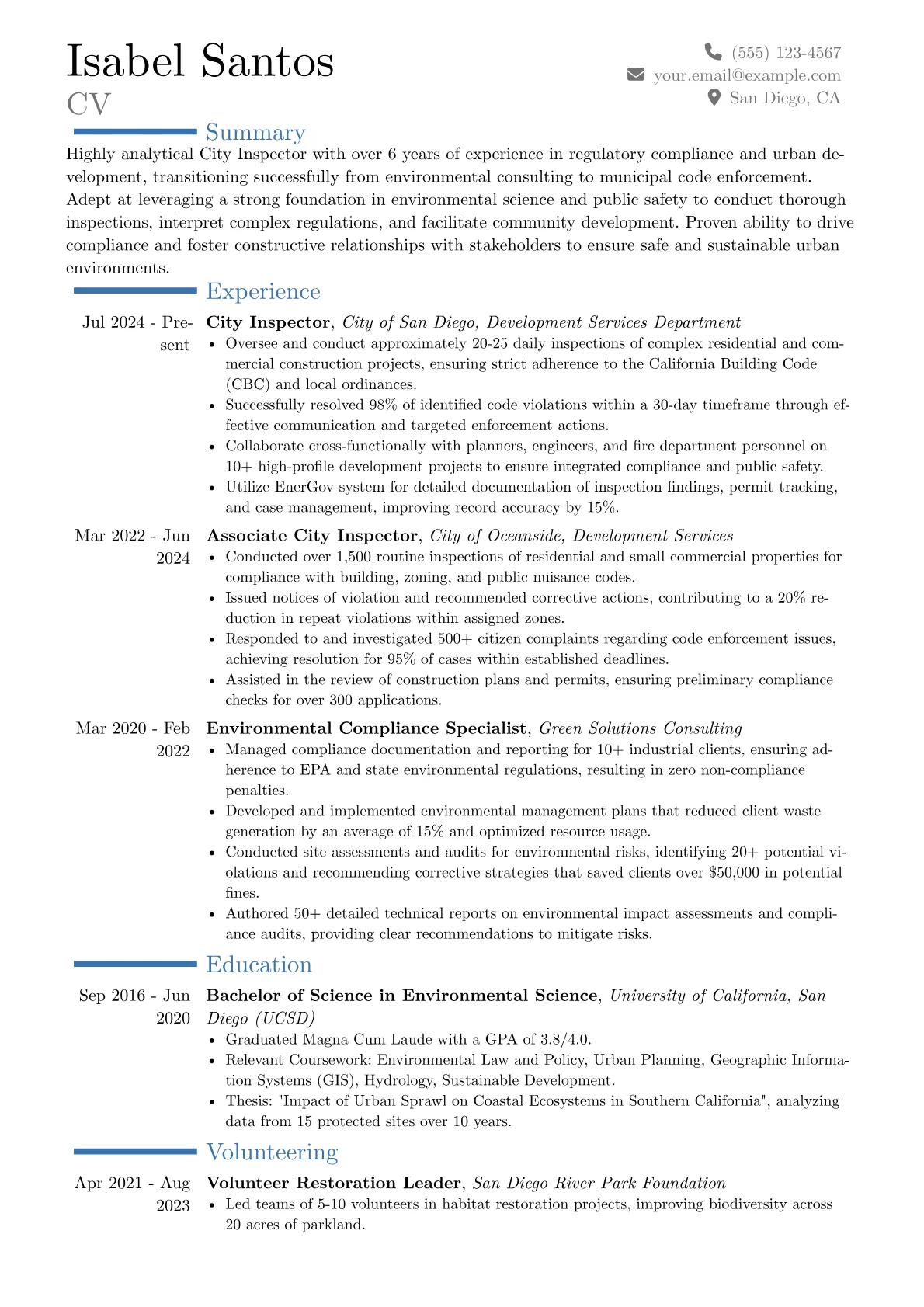 City Inspector resume example, Career changer, page 1