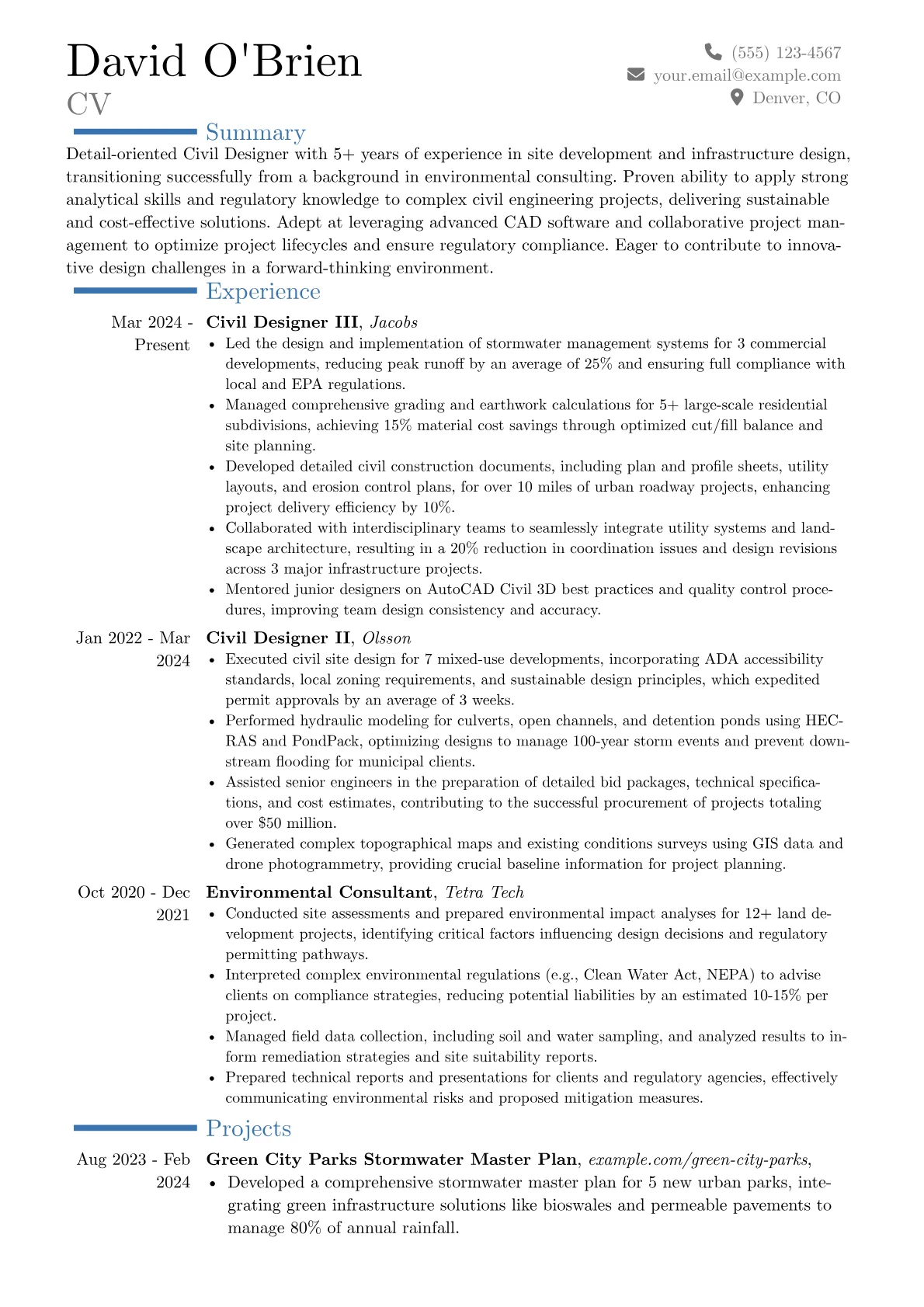 Civil Designer resume example, Career changer, page 1