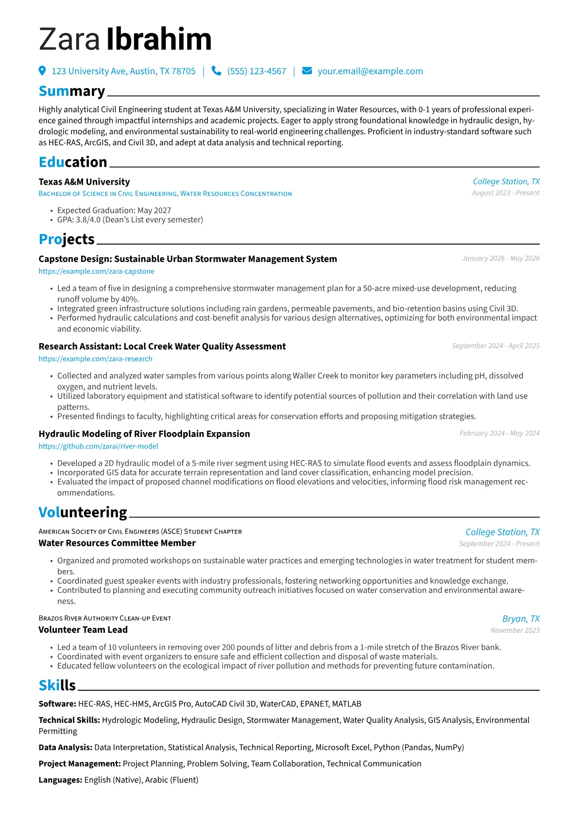Civil Engineering Student resume example, Civil Engineering Student, page 1