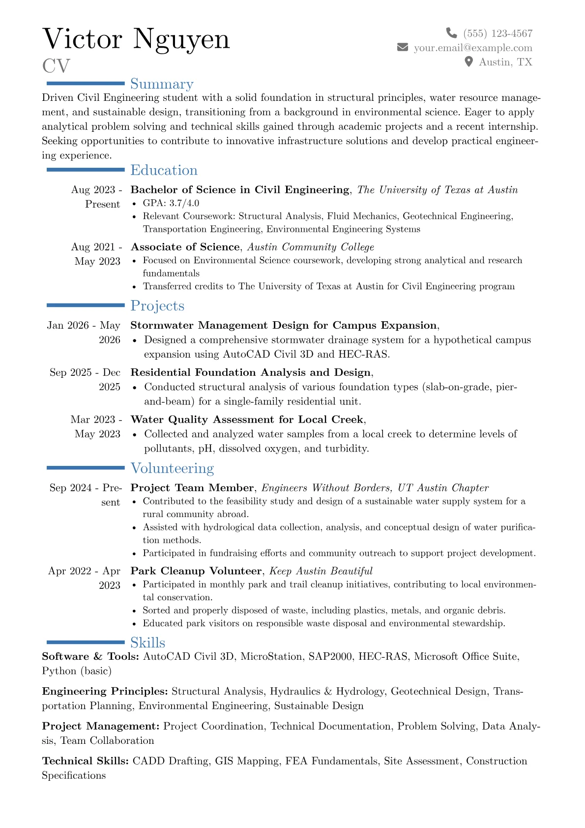 Civil Engineering Student resume example, Career changer, page 1
