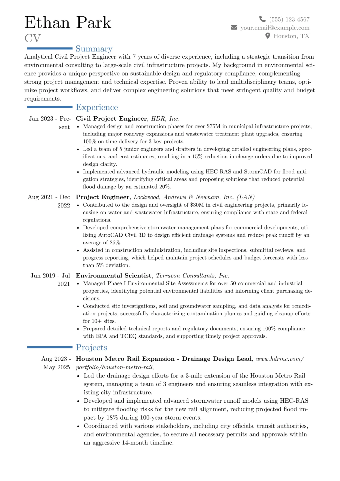 Civil Project Engineer resume example, Career changer, page 1