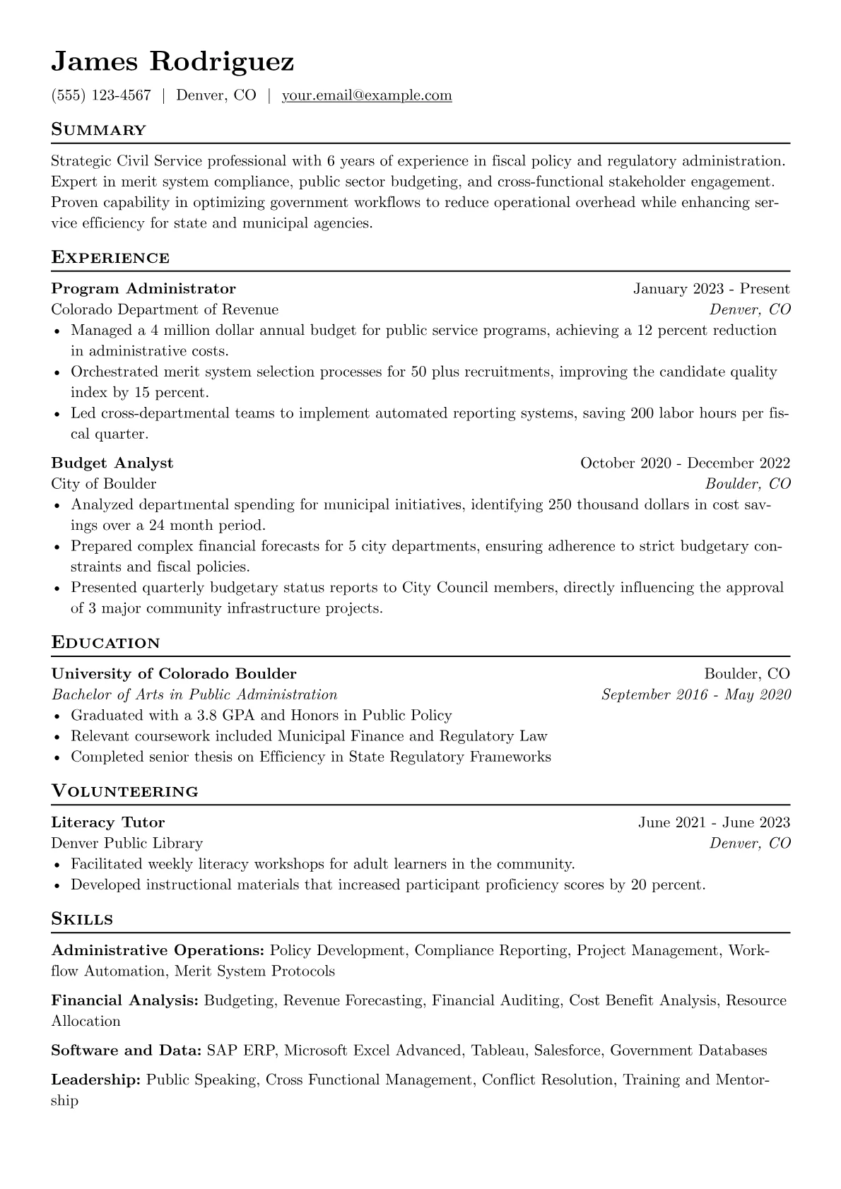 Civil Service resume example, Fiscal Administration, page 1