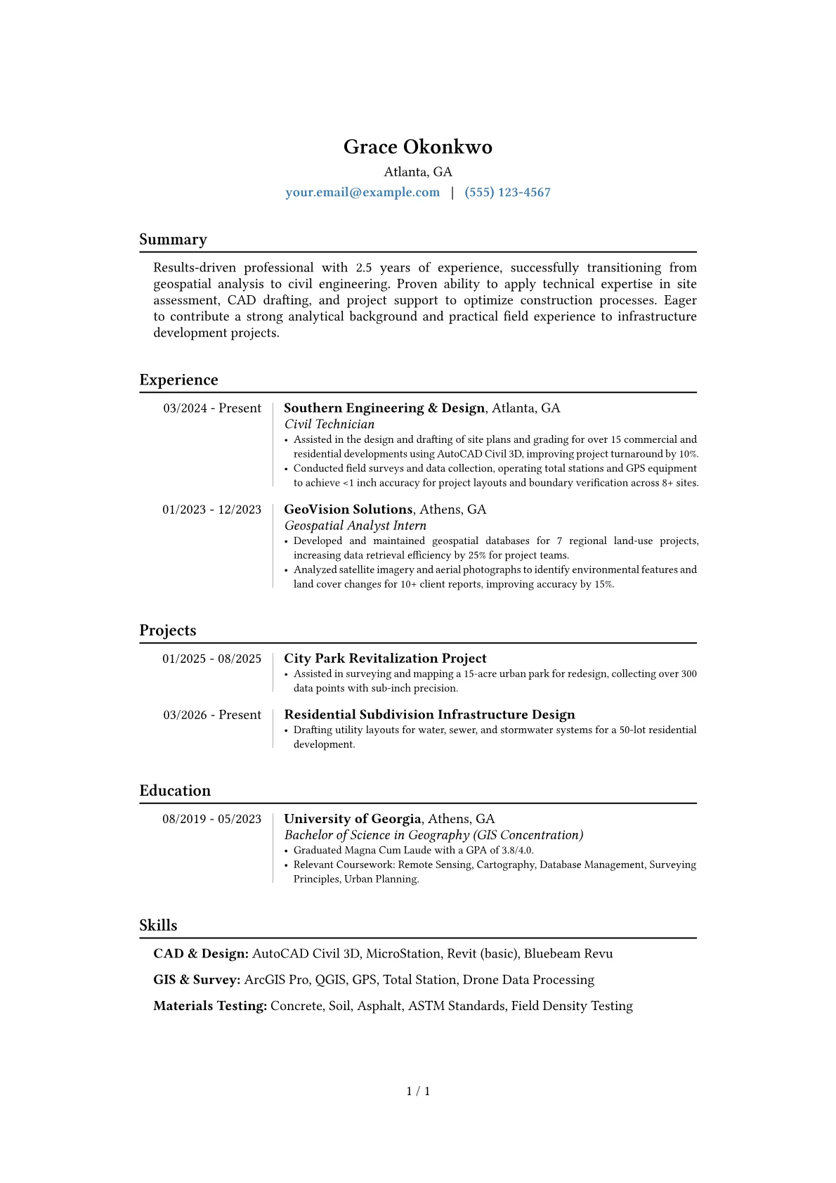 Civil Technician resume example, Career changer, page 1