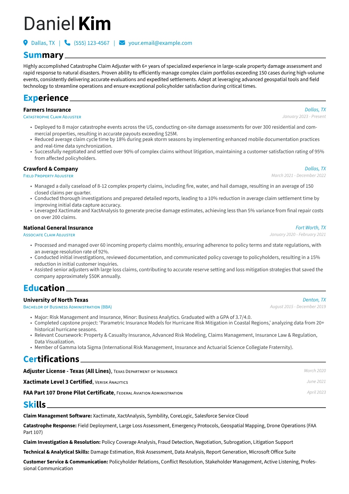Claim Adjuster resume example, Catastrophe Claims, page 1