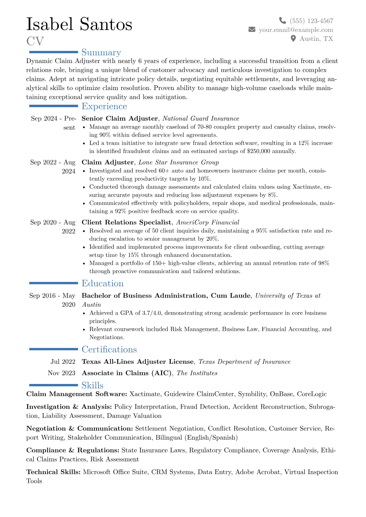 Claim Adjuster resume example, Career changer, page 1
