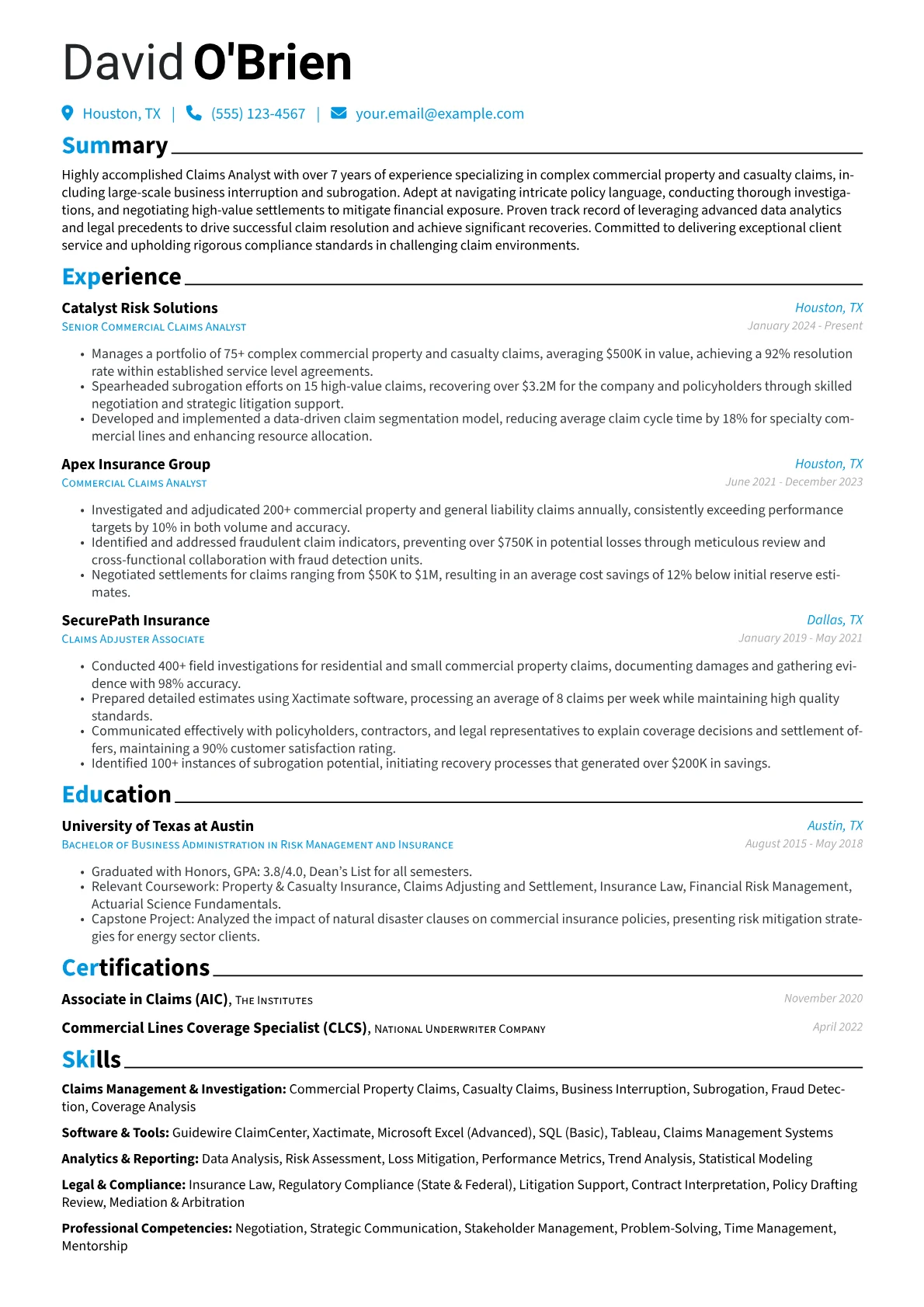 Claims Analyst resume example, Commercial P&C Claims, page 1