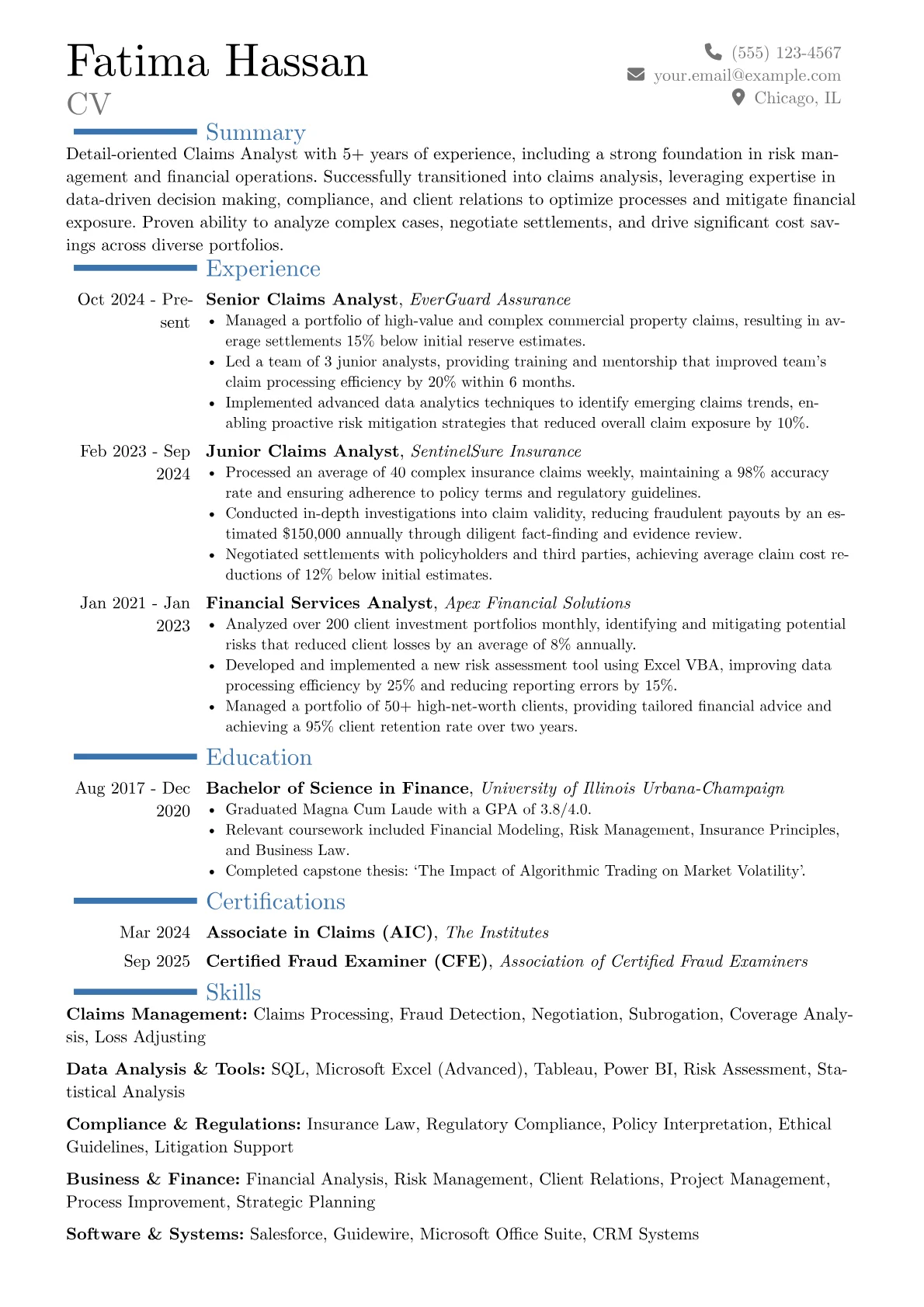 Claims Analyst resume example, Career changer, page 1