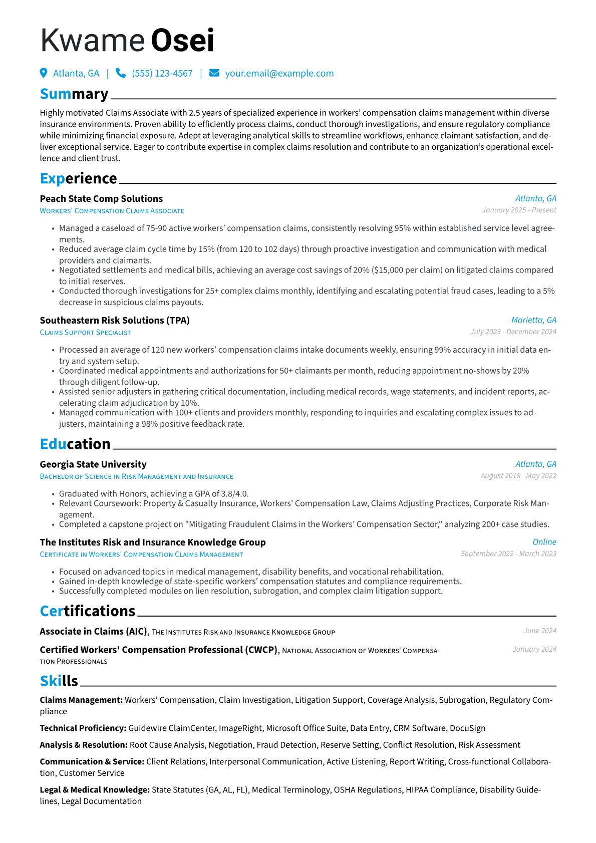 Claims Associate resume example, Claims Management, page 1