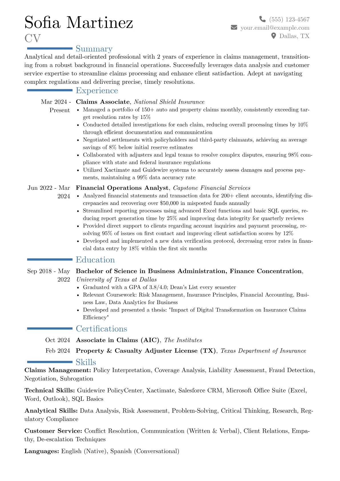 Claims Associate resume example, Career changer, page 1