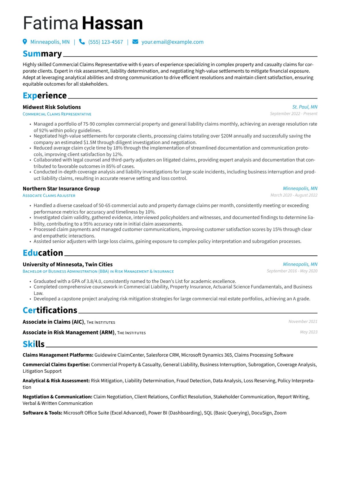 Claims Representative resume example, Commercial Property Claims, page 1
