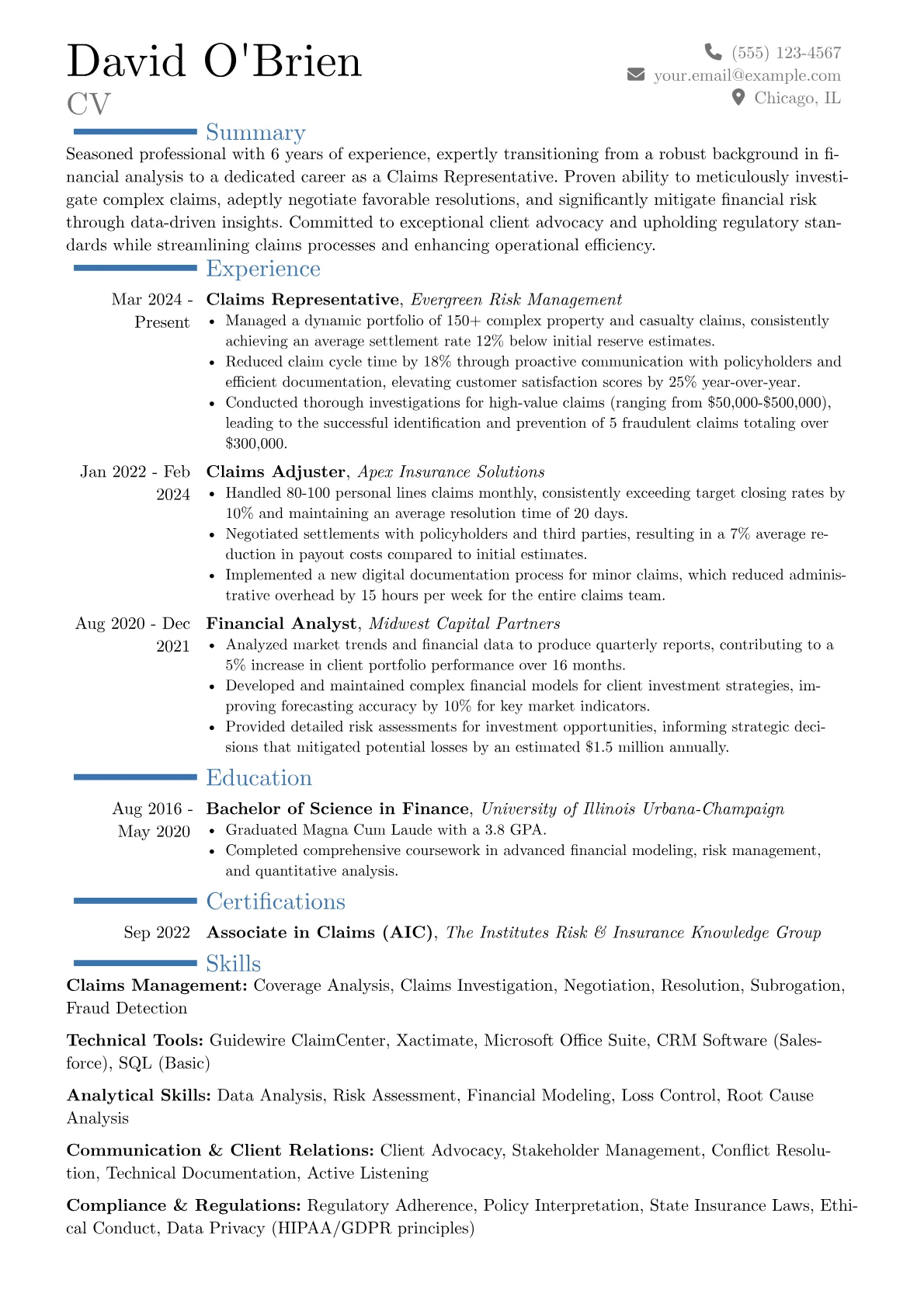 Claims Representative resume example, Career changer, page 1