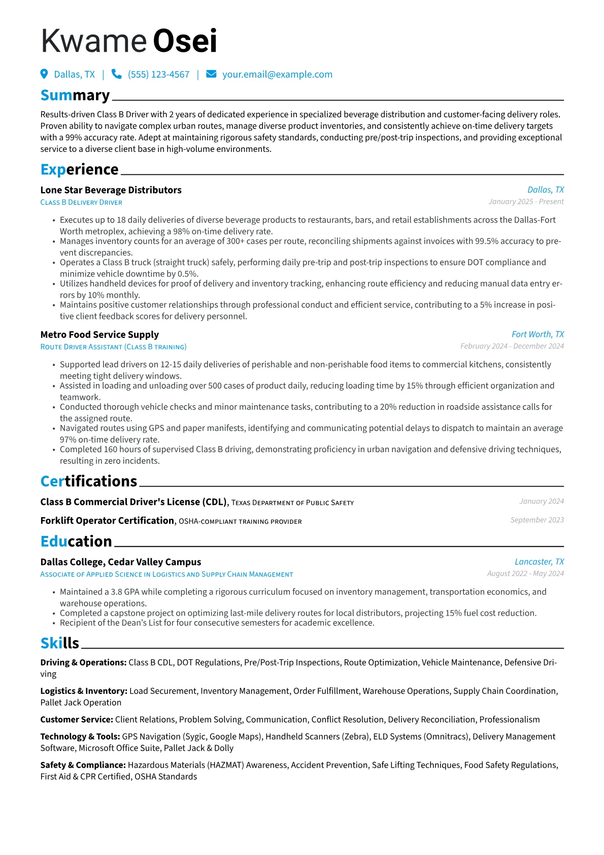 Class B Driver resume example, Class B Driver - Beverage, page 1