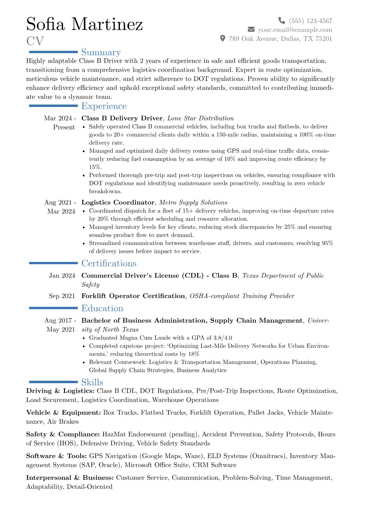 Class B Driver resume example, Career changer, page 1