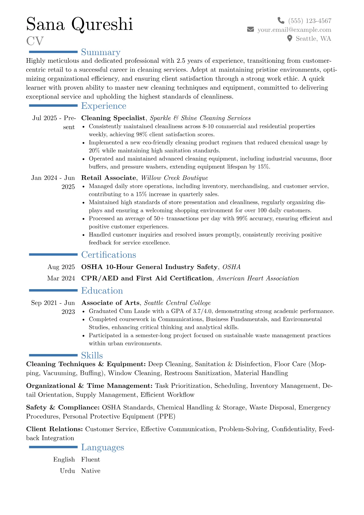 Cleaner With No Experience resume example, Career changer, page 1