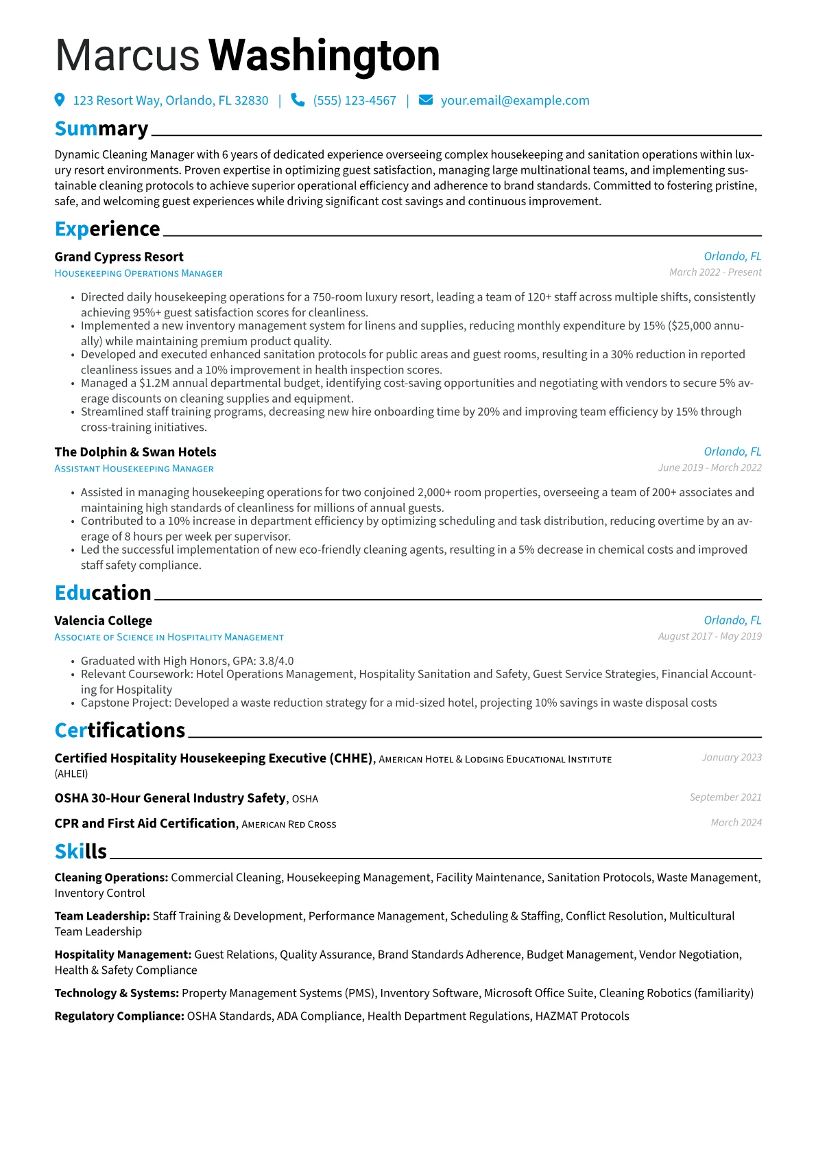 Cleaning Manager resume example, Cleaning Manager, page 1