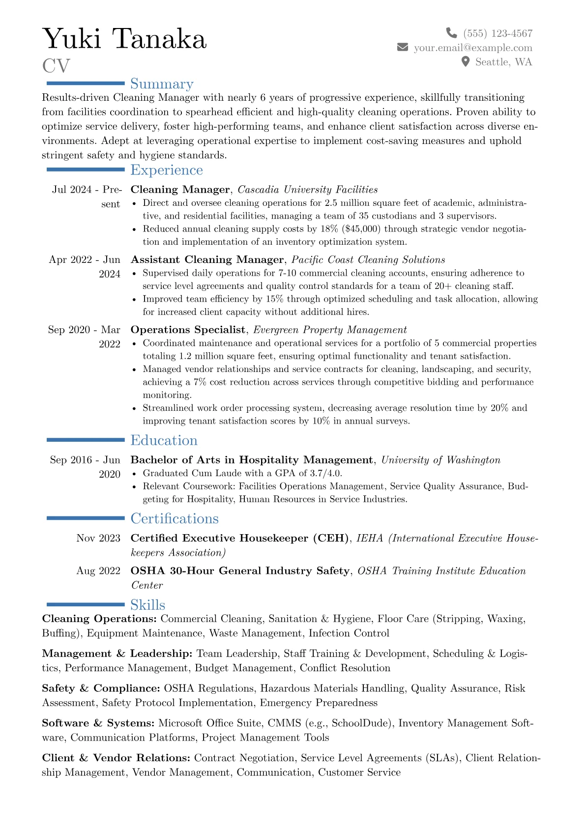 Cleaning Manager resume example, Career changer, page 1