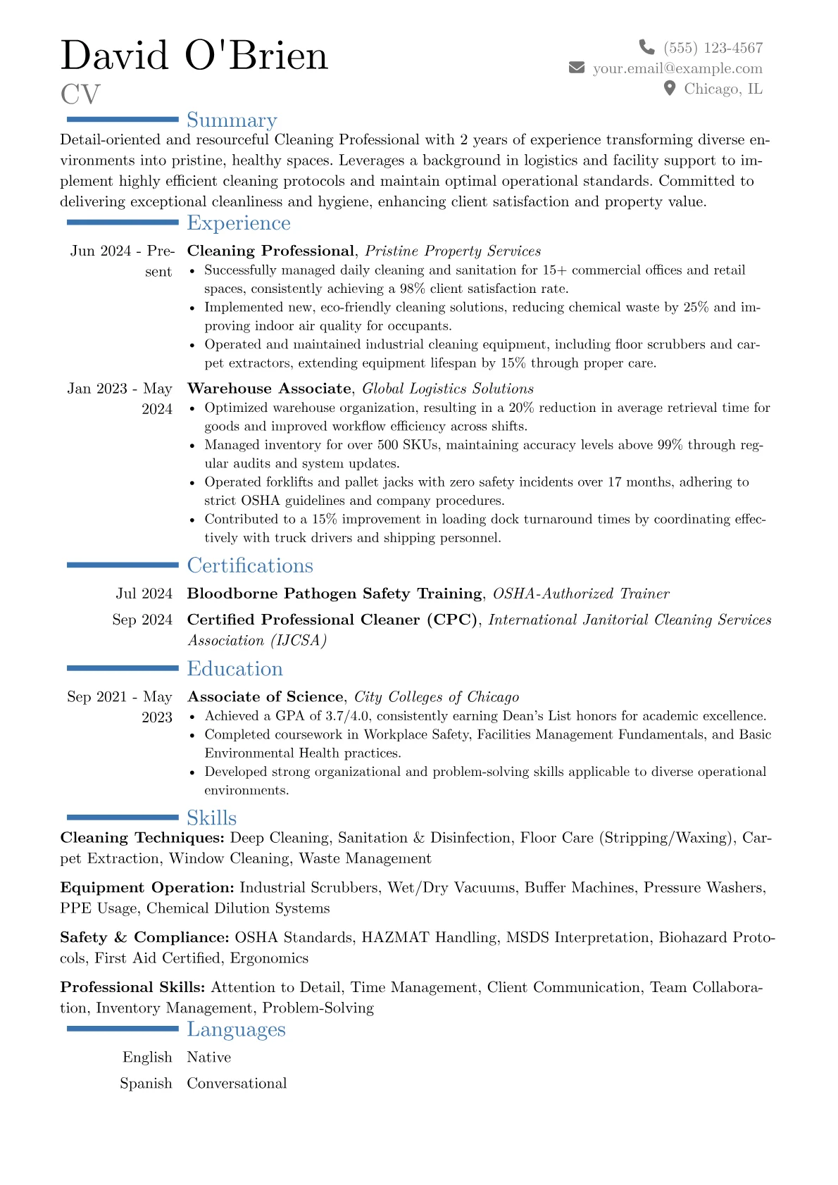 Cleaning Professional resume example, Career changer, page 1