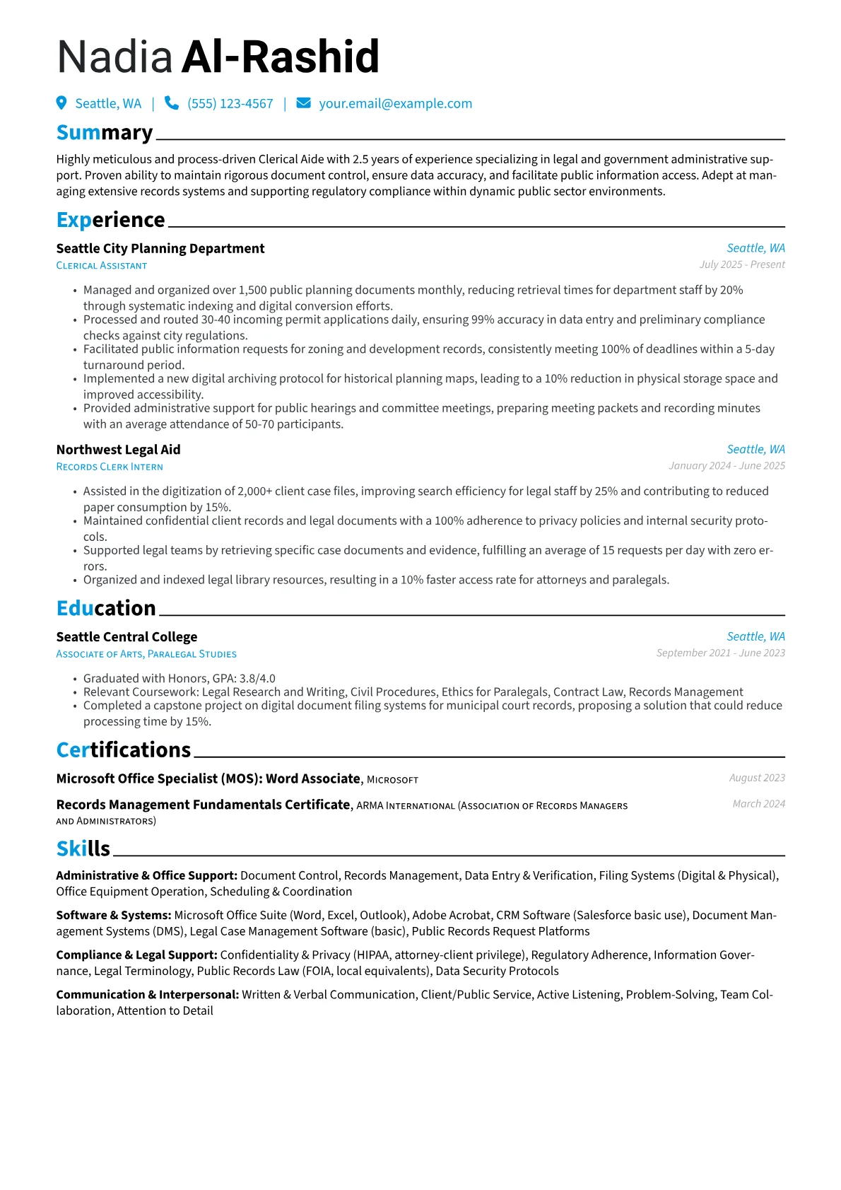 Clerical Aide resume example, Clerical Aide, page 1