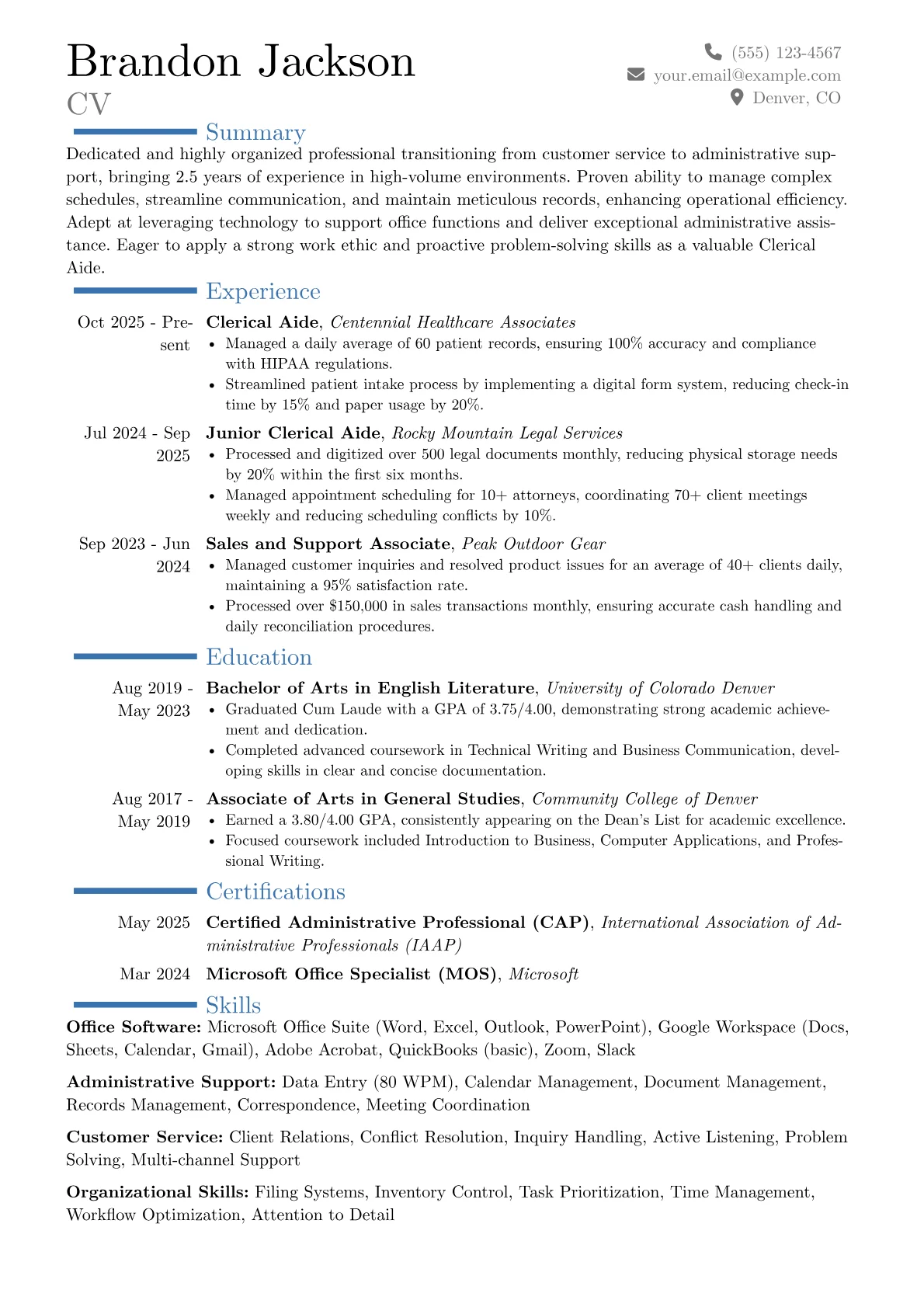 Clerical Aide resume example, Career changer, page 1