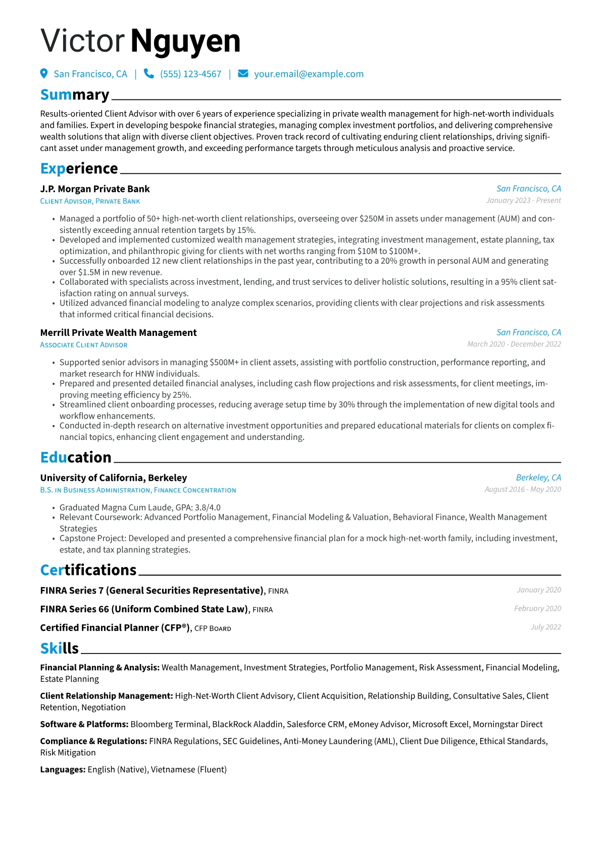 Client Advisor resume example, Client Advisor - Private, page 1