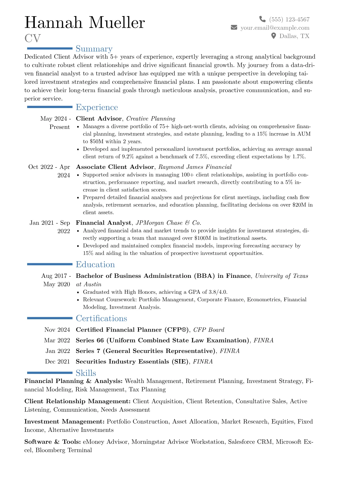 Client Advisor resume example, Career changer, page 1