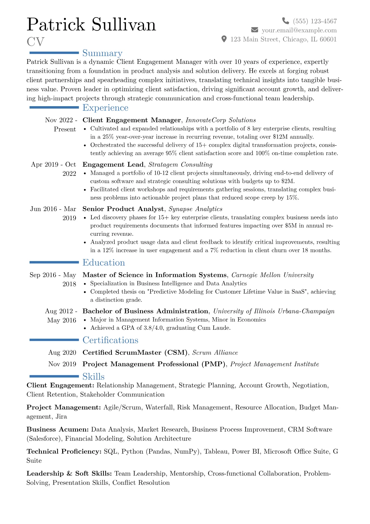 Client Engagement Manager resume example, Career changer, page 1