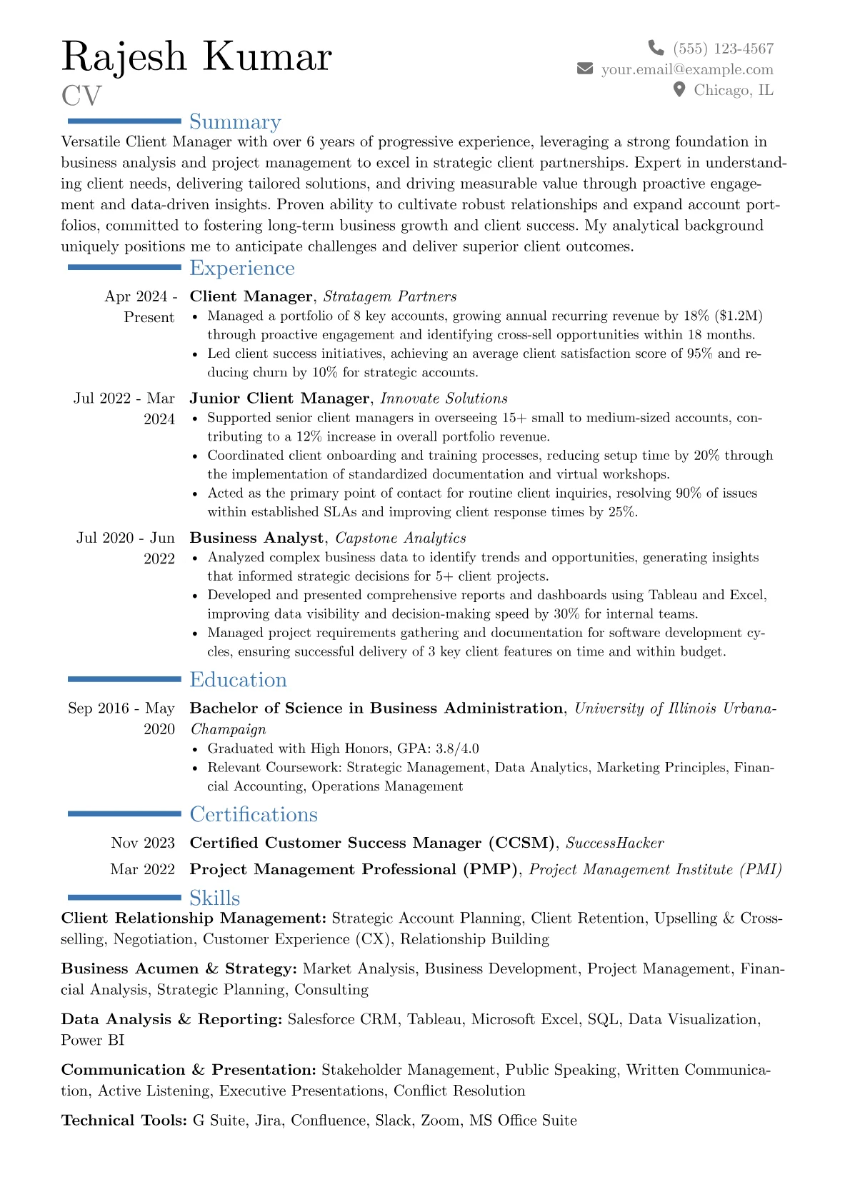 Client Manager resume example, Career changer, page 1