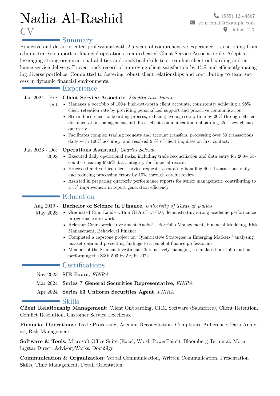 Client Service Associate resume example, Career changer, page 1