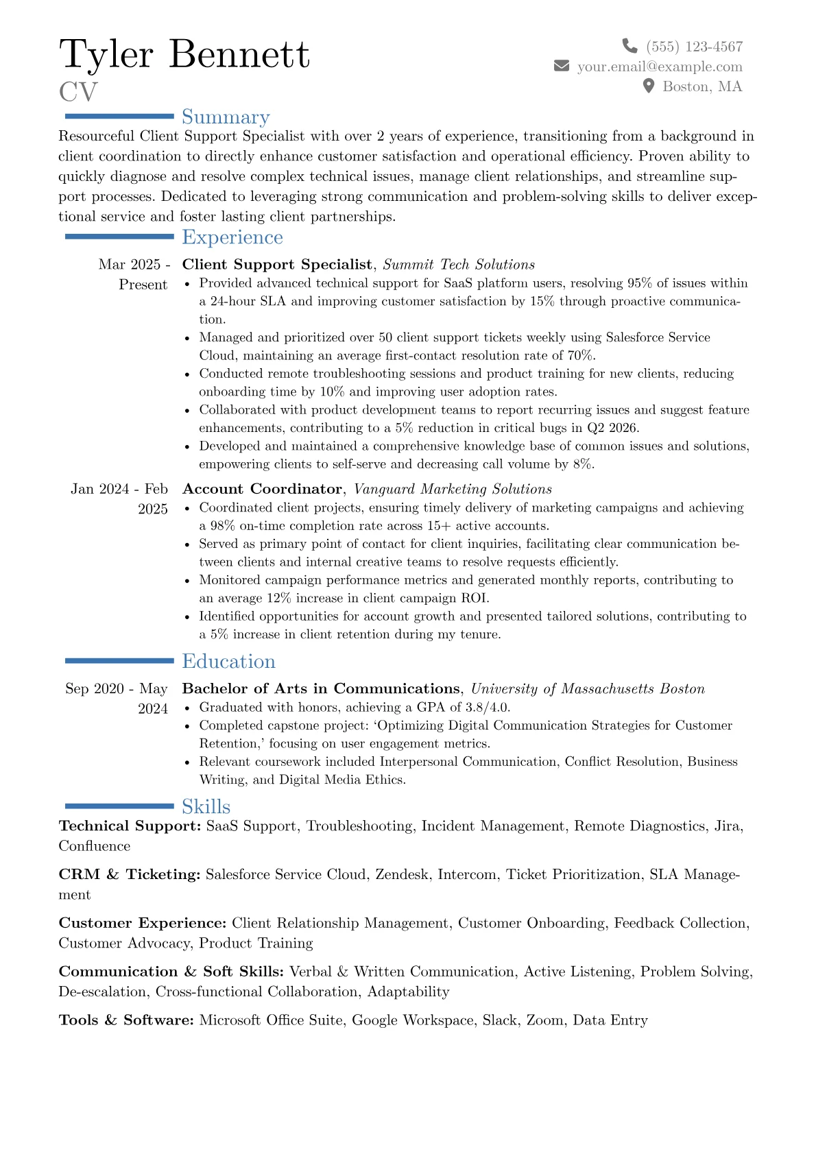 Client Support Specialist resume example, Career changer, page 1