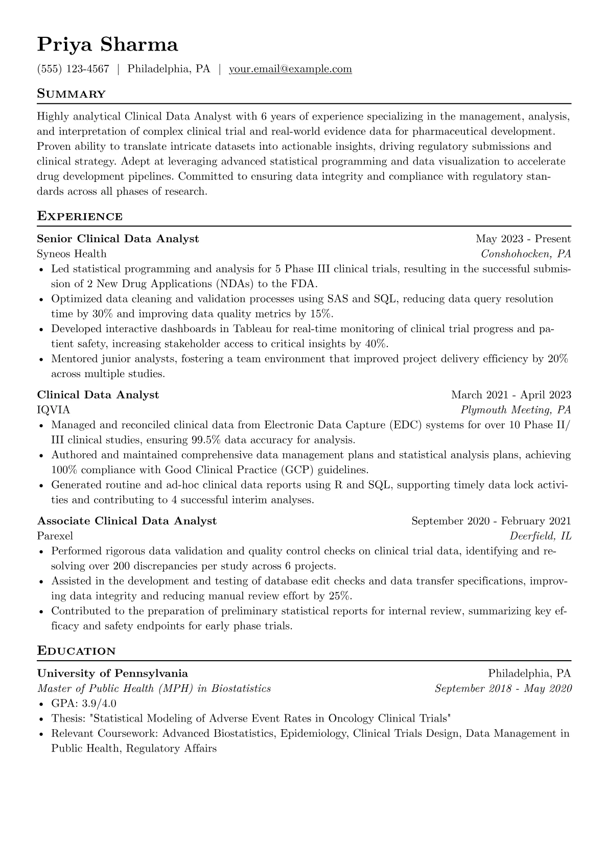 Clinical Data Analyst resume example, Clinical Trials, page 1