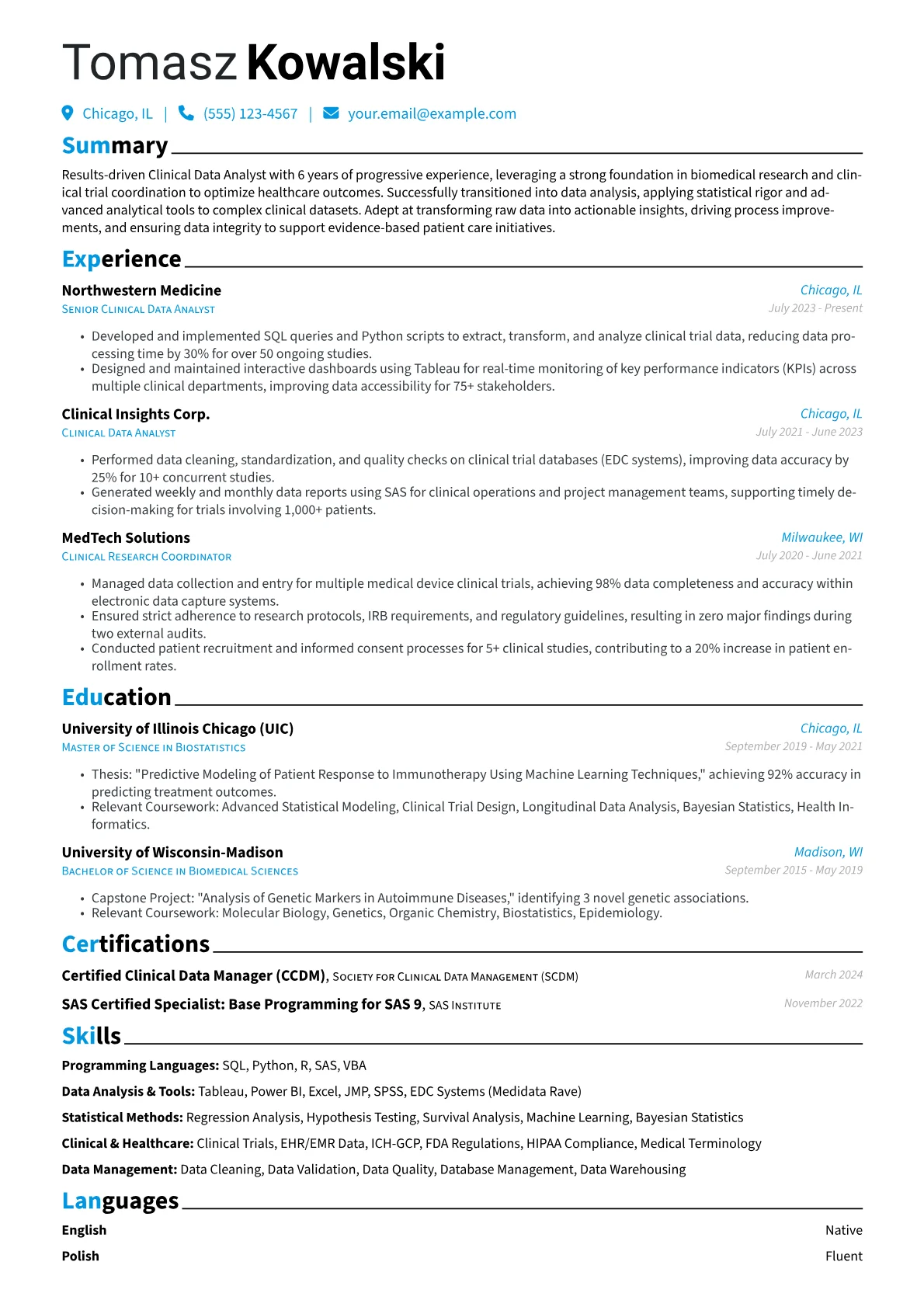 Clinical Data Analyst resume example, Career changer, page 1