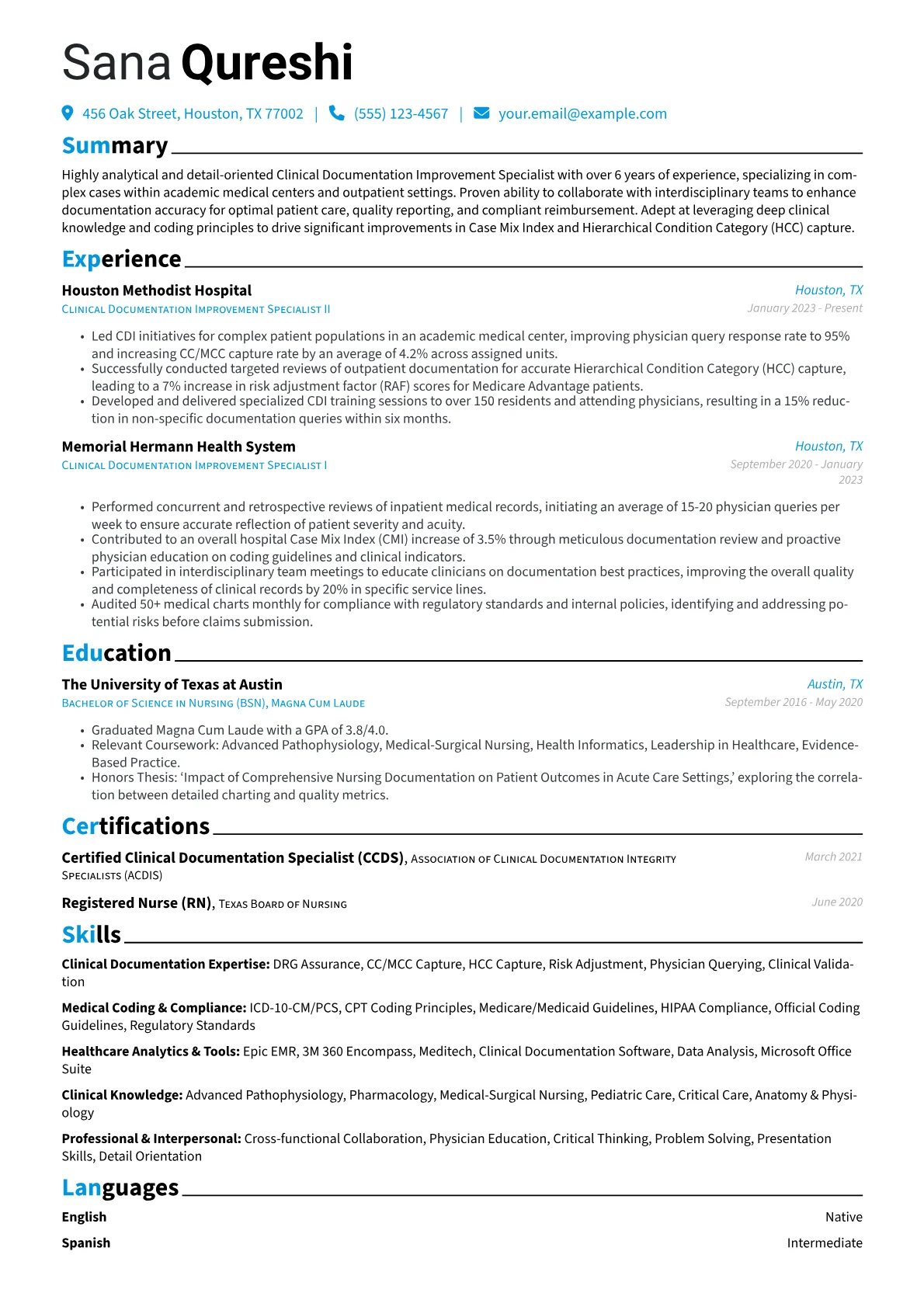 Clinical Documentation Improvement Specialist resume example, CDI Specialist - Academic, page 1