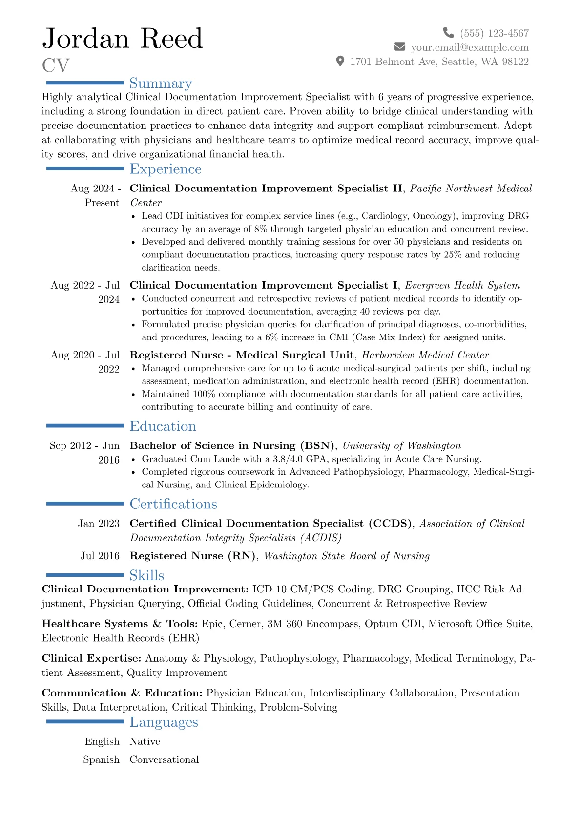 Clinical Documentation Improvement Specialist resume example, Career changer, page 1