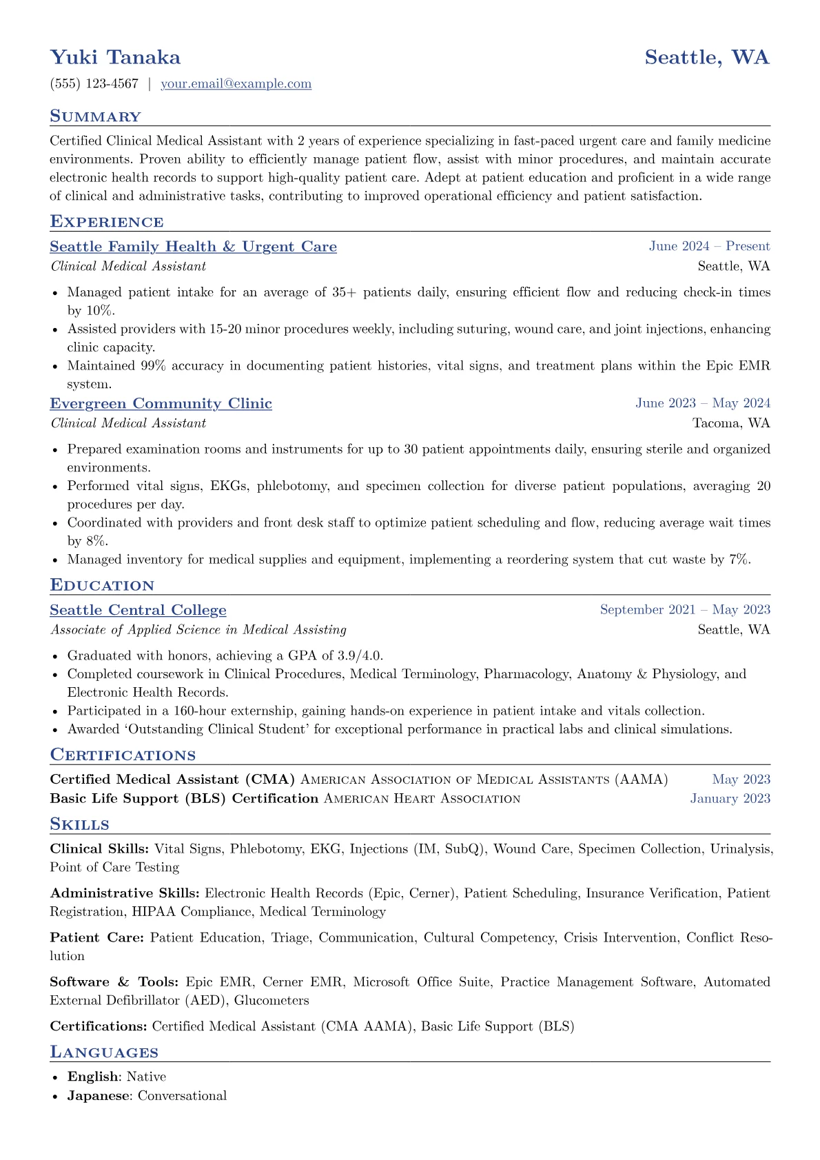 Clinical Medical Assistant resume example, Clinical Skills, page 1