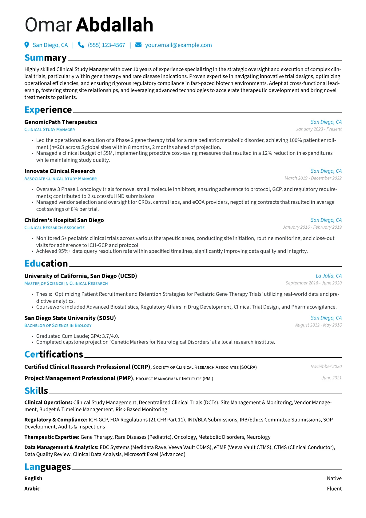 Clinical Study Manager resume example, Clinical Study Manager, page 1