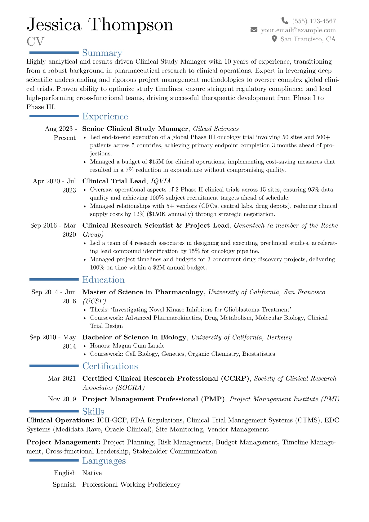 Clinical Study Manager resume example, Career changer, page 1