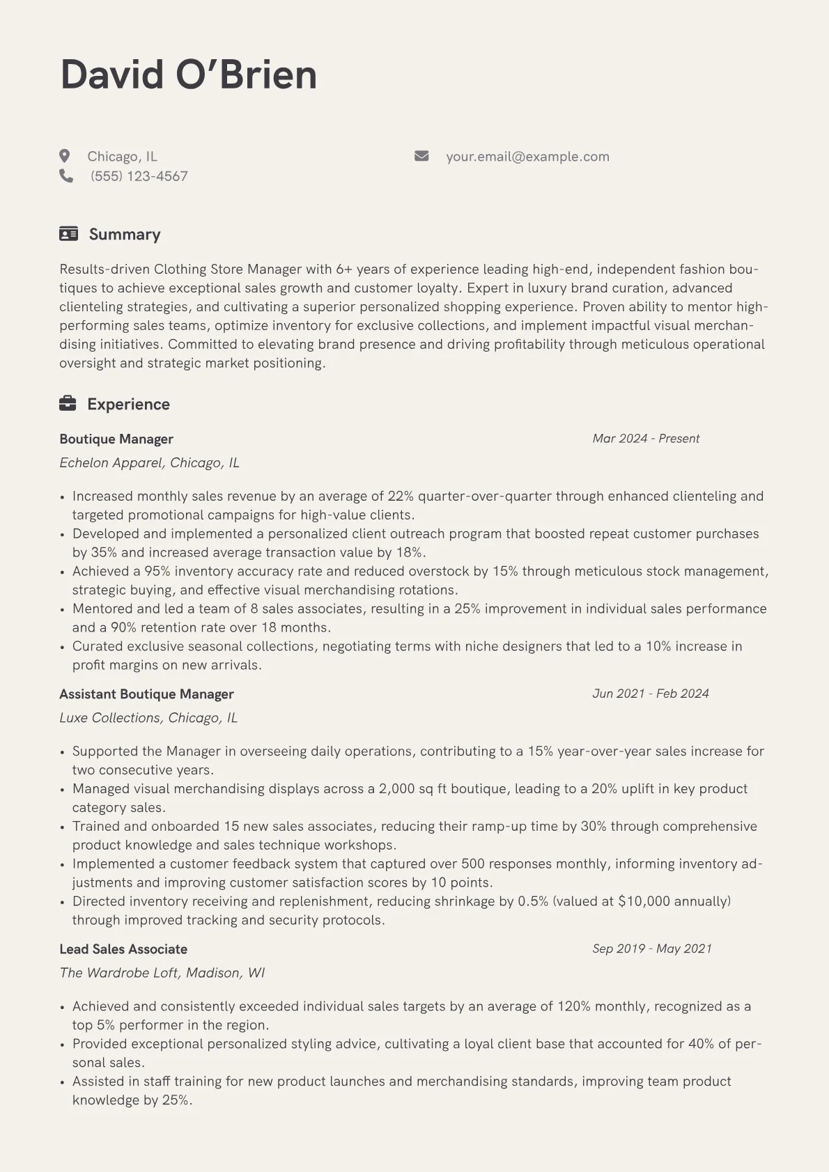 Clothing Store Manager resume example, Mid, page 1