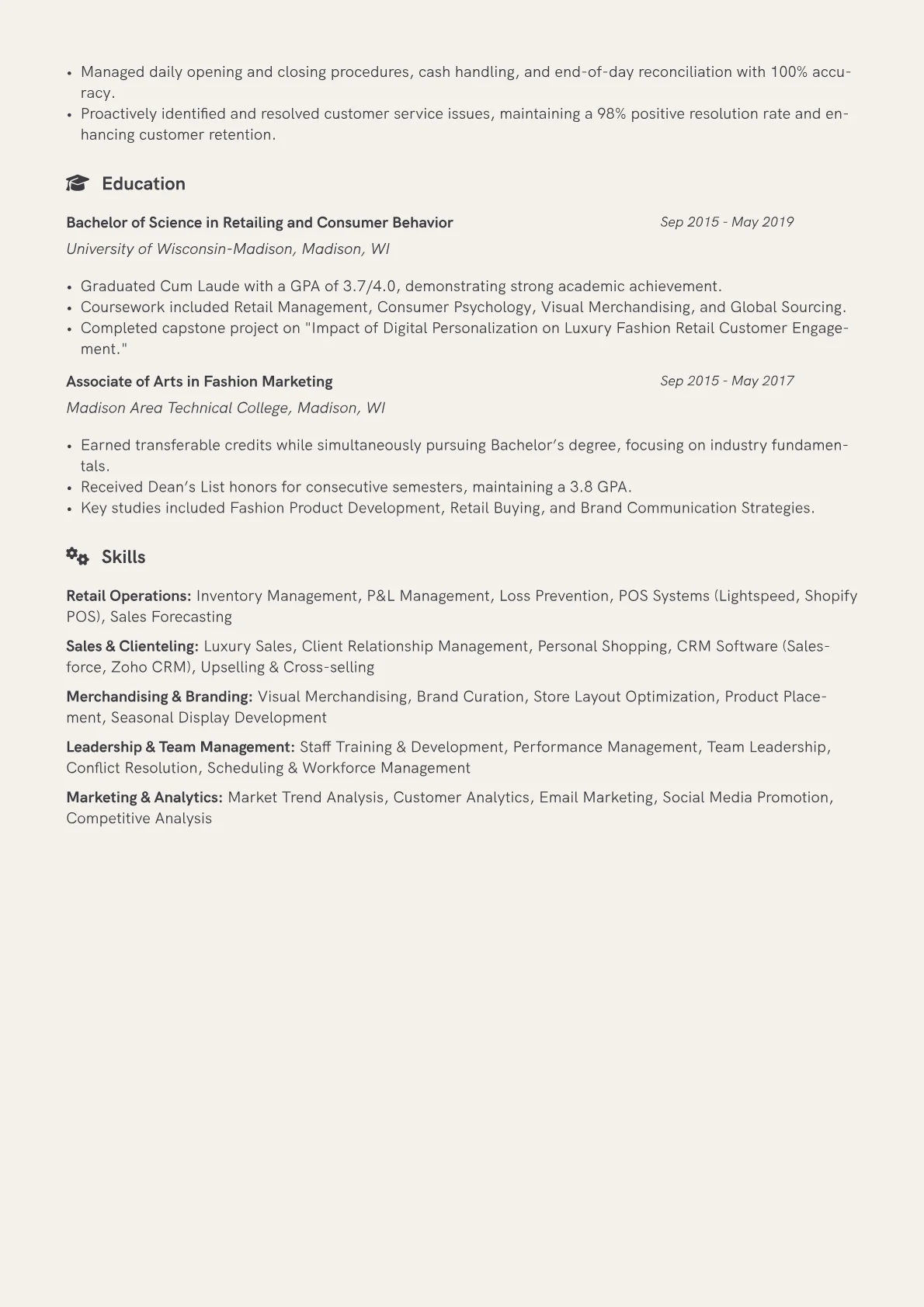 Clothing Store Manager resume example, Mid, page 2