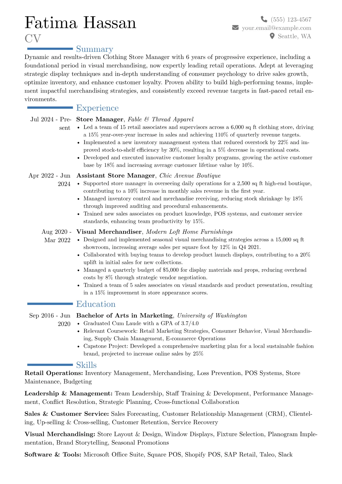 Clothing Store Manager resume example, Career changer, page 1