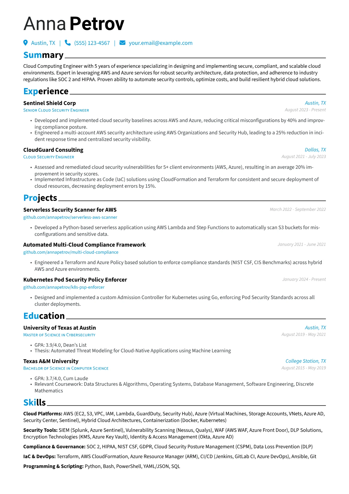 Cloud Computing Engineer resume example, Cloud Security Engineer, page 1