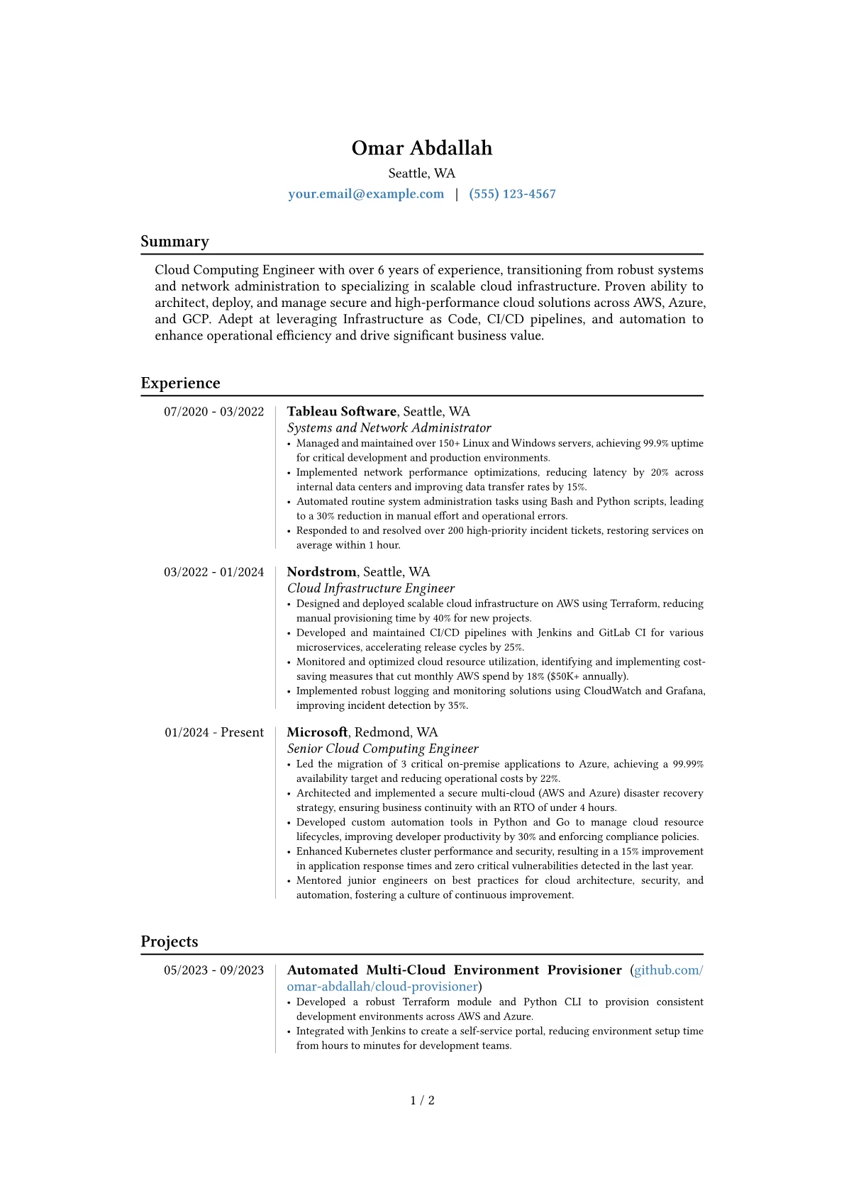 Cloud Computing Engineer resume example, Career changer, page 1