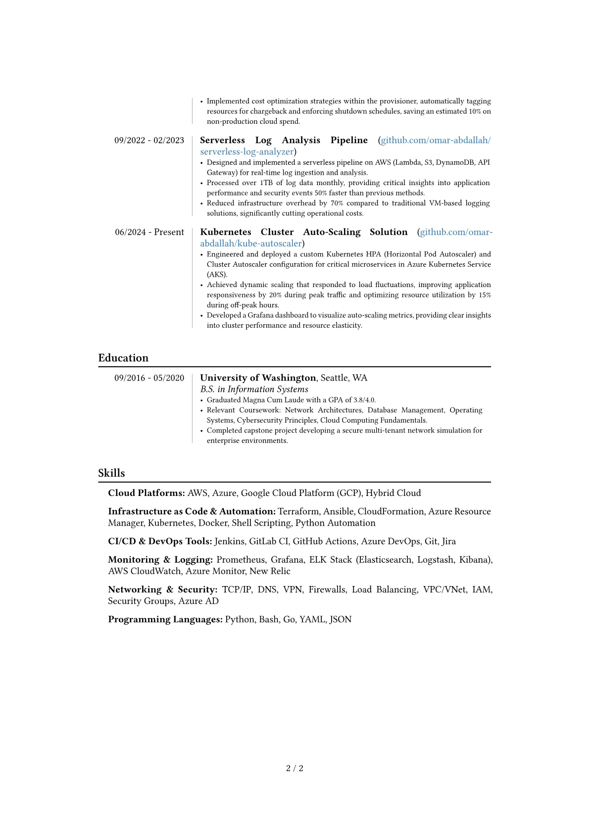 Cloud Computing Engineer resume example, Career changer, page 2