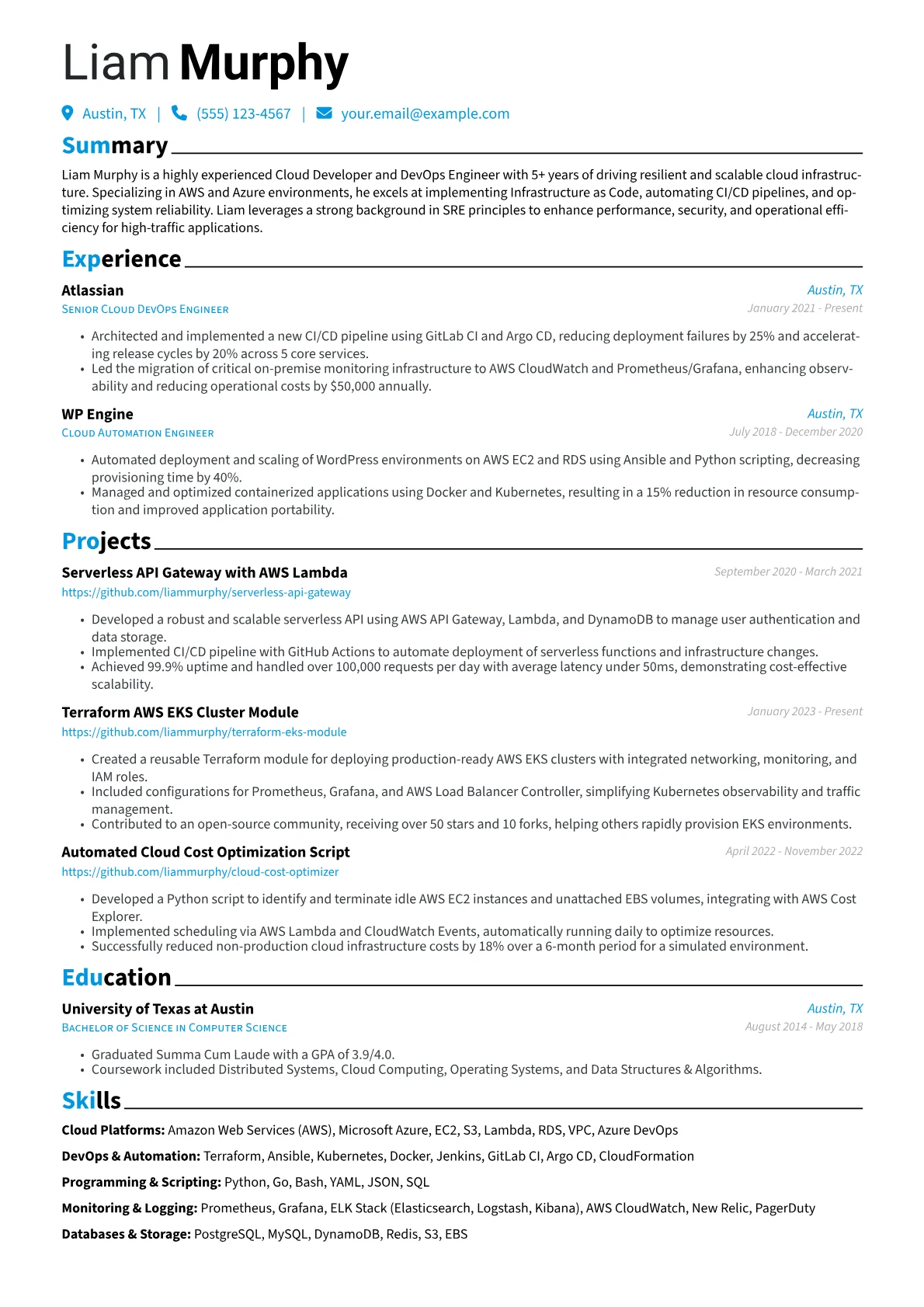 Cloud Developer resume example, DevOps & SRE Focused Cloud, page 1