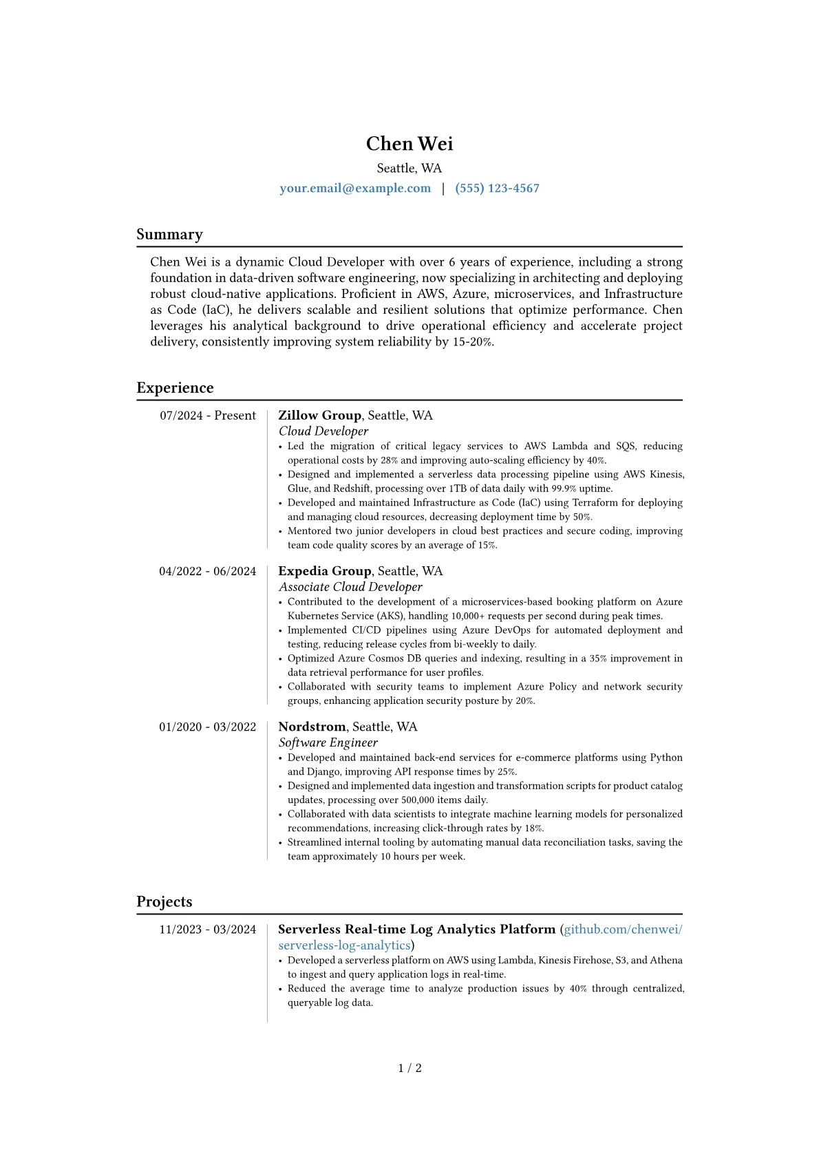 Cloud Developer resume example, Career changer, page 1