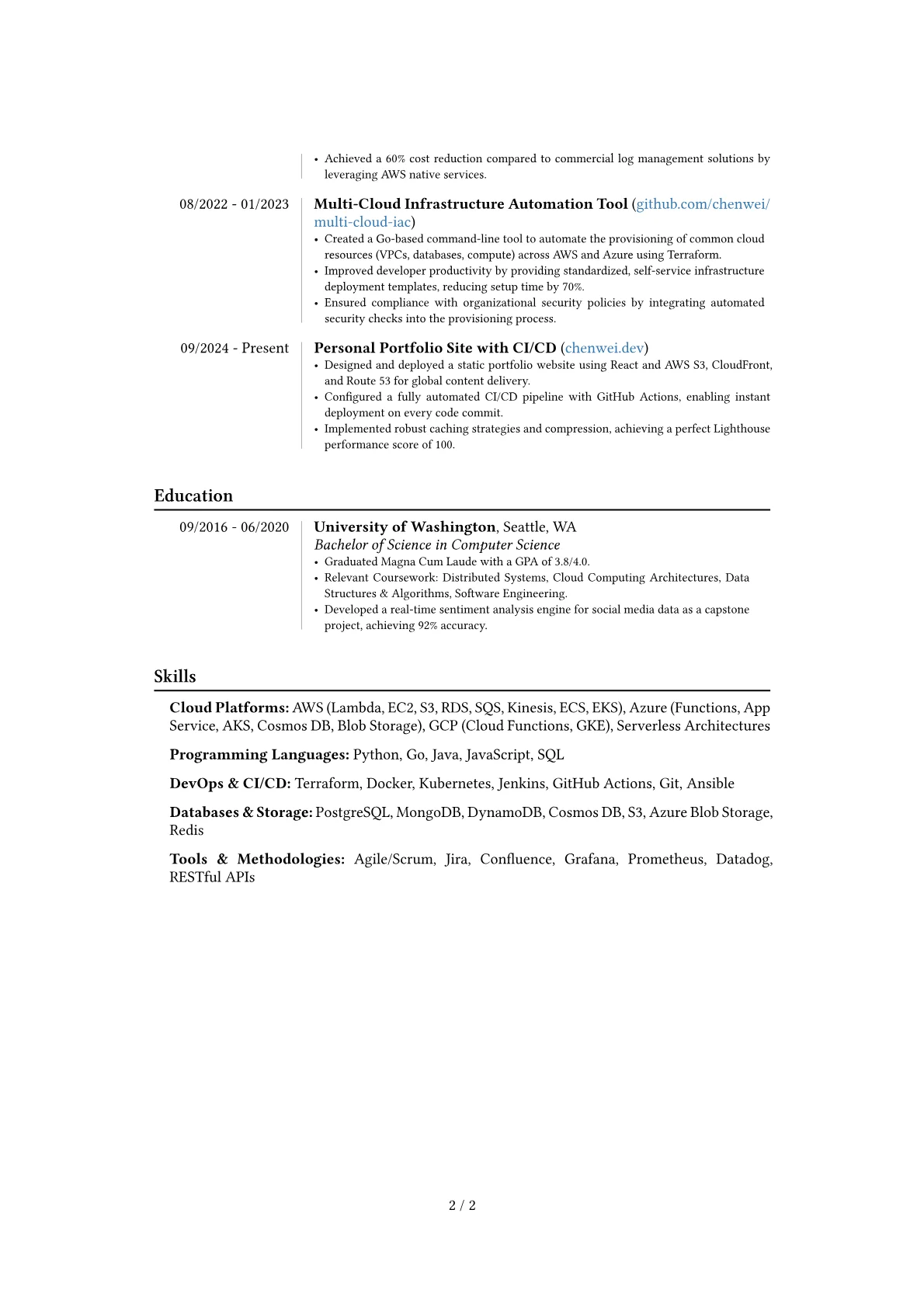 Cloud Developer resume example, Career changer, page 2