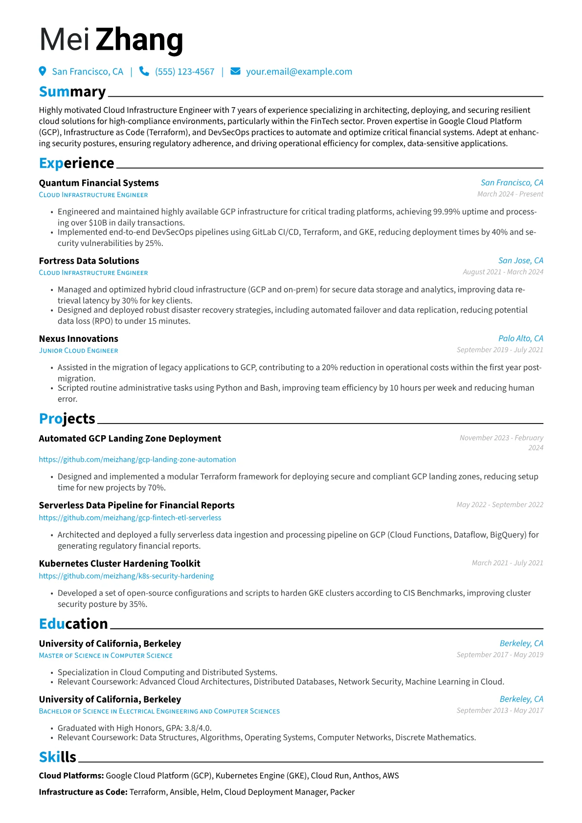 Cloud Infrastructure Engineer resume example, GCP/FinTech Compliance, page 1