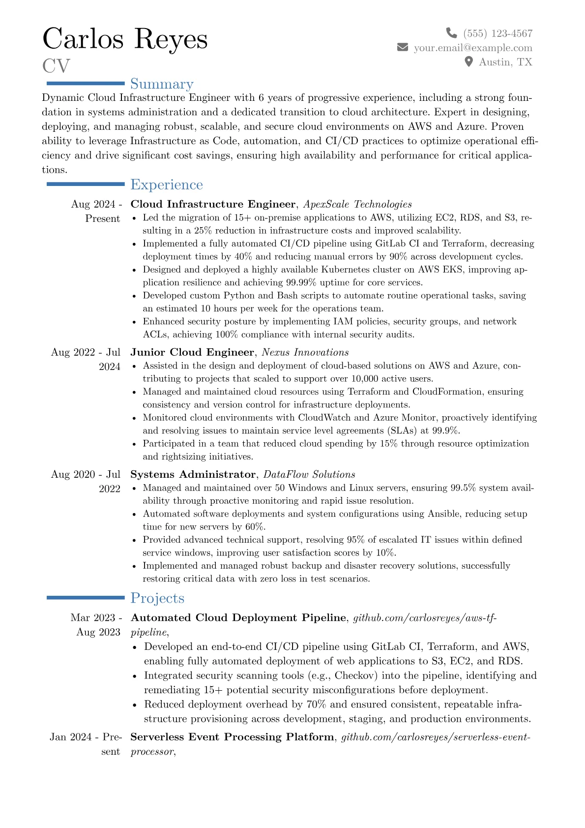 Cloud Infrastructure Engineer resume example, Career changer, page 1