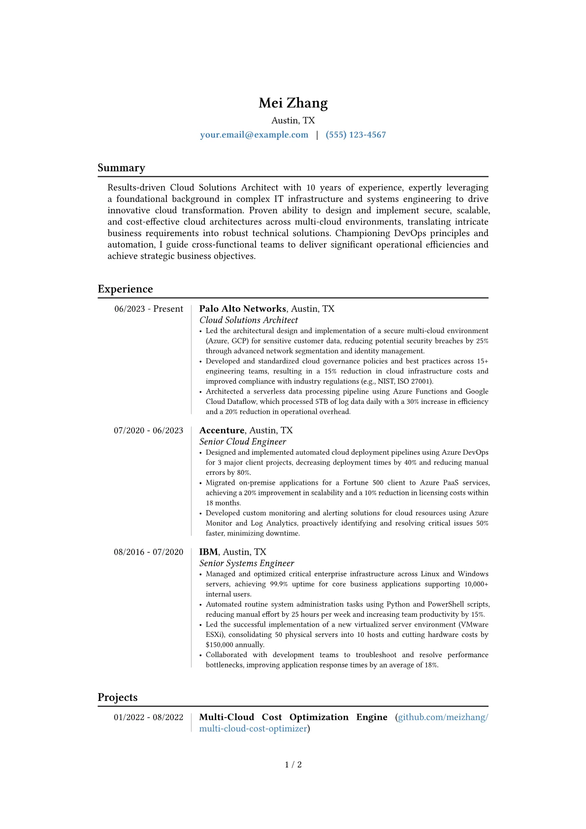 Cloud Solutions Architect resume example, Career changer, page 1