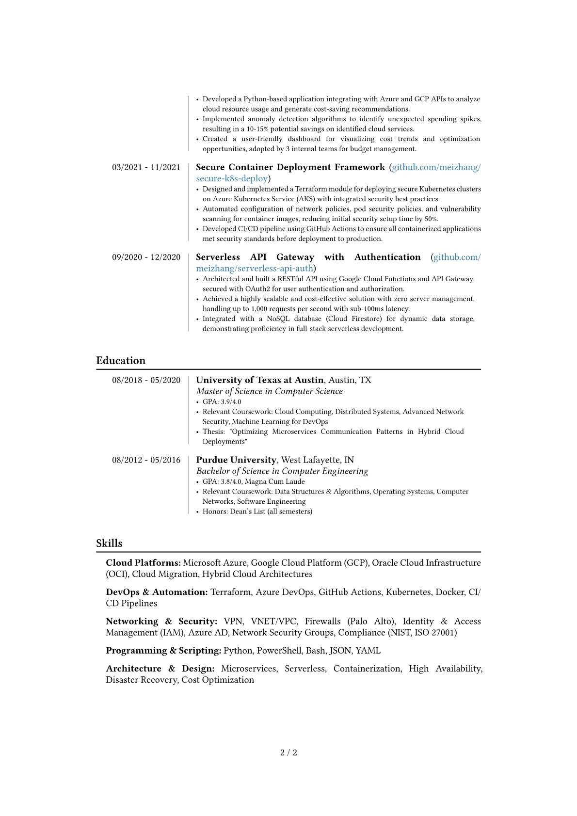 Cloud Solutions Architect resume example, Career changer, page 2