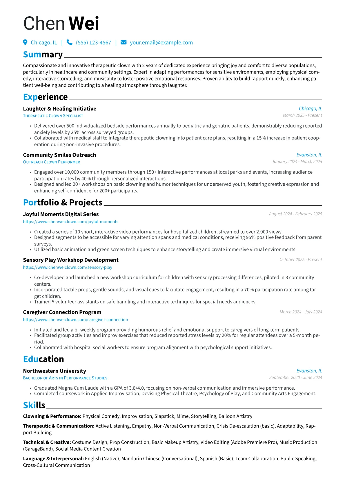 Clown resume example, Clown - Therapeutic Focus, page 1
